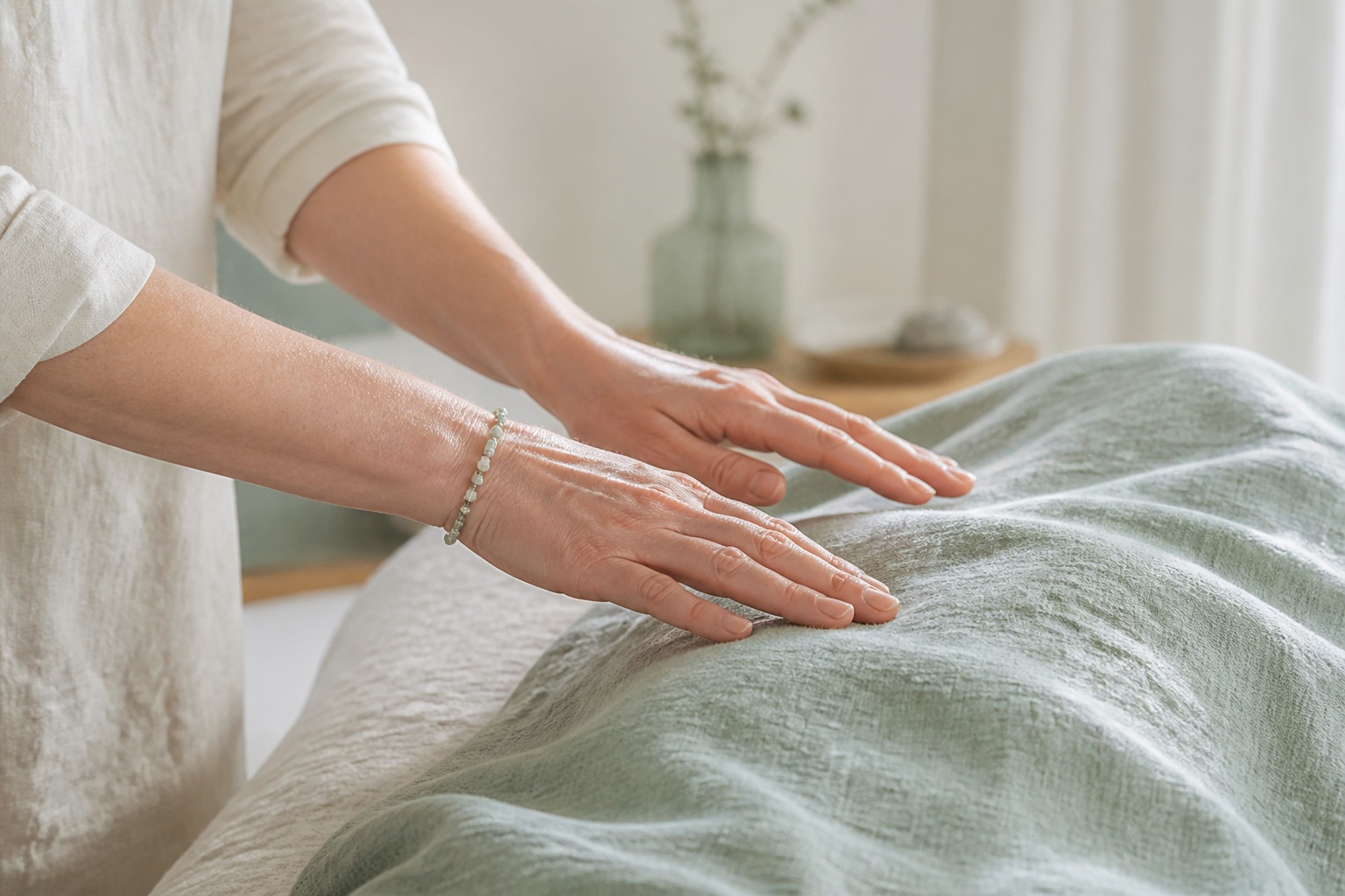 Zachte energetische healing sessie met handen boven een deken